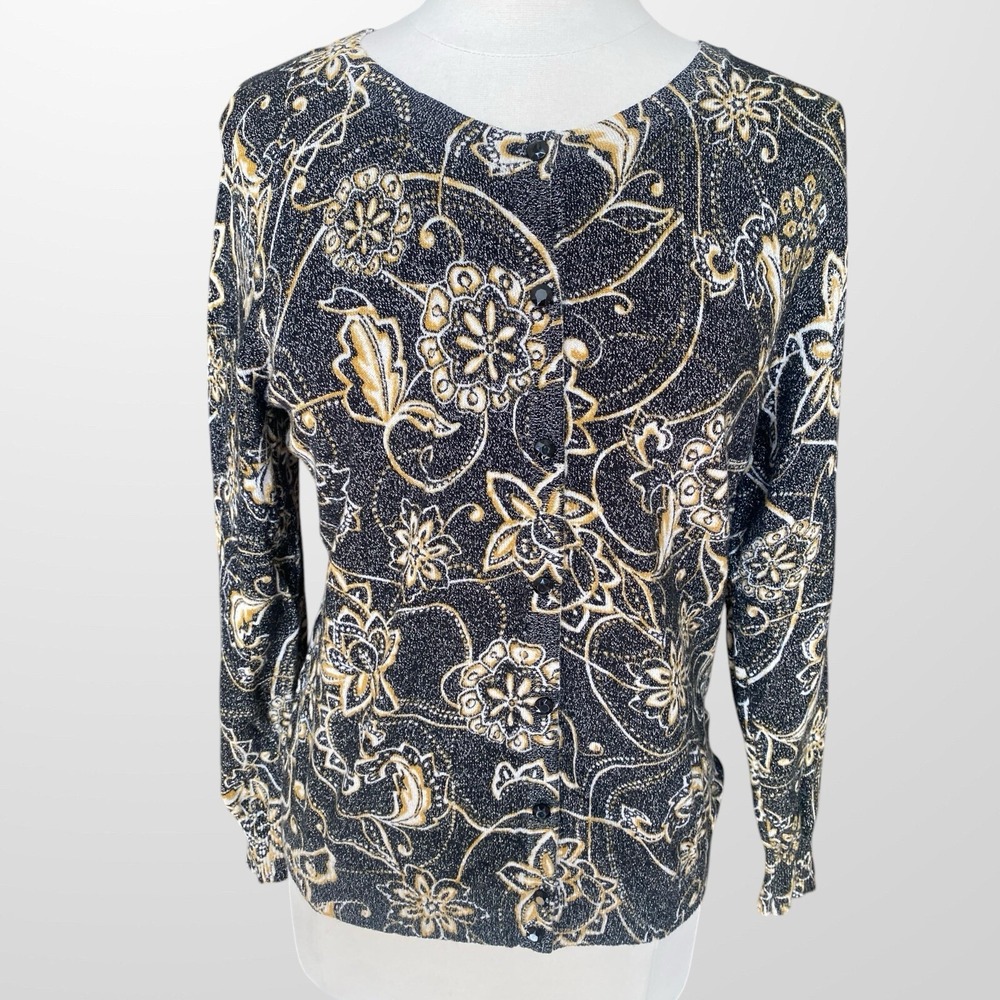 Top Knits Size XL Cardigan Sweater Top Shirt Black Gold Shimmer Stretch Light